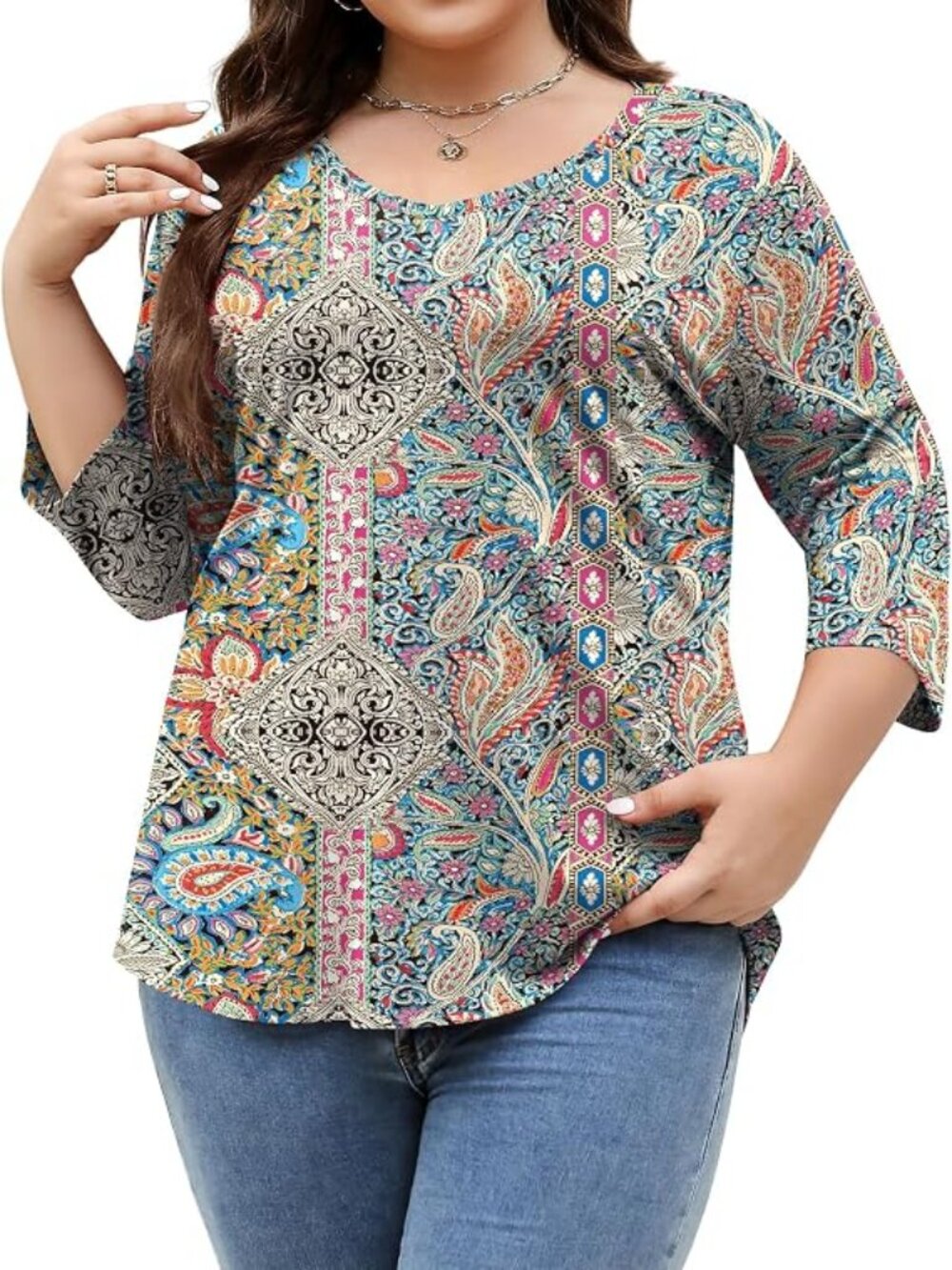 Women's Plus Size Tops V Neck Boho 3/4 Sleeve Blouse Summer Casual Tee Size-XXL